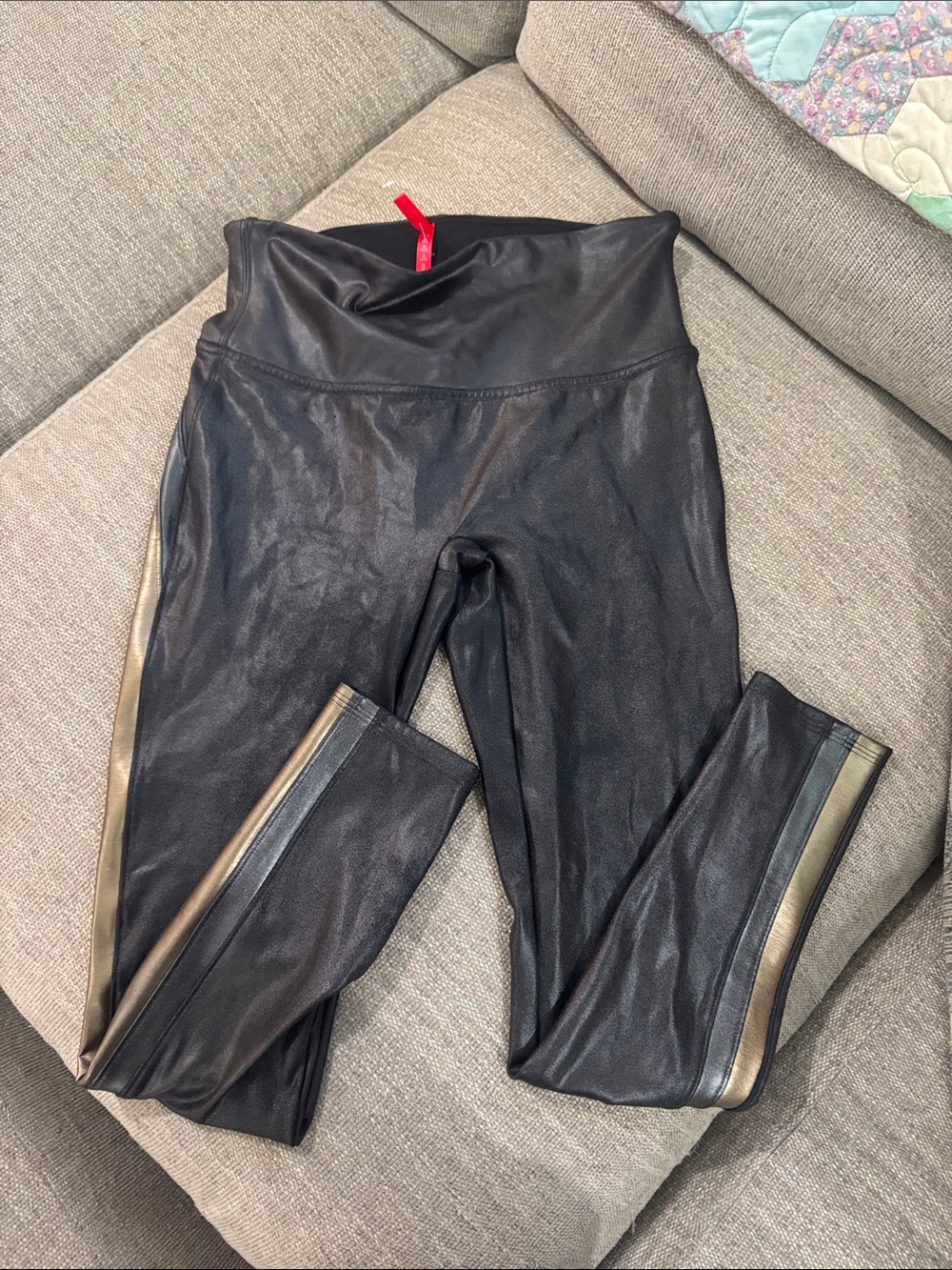 SPANX Black Faux Leather Leggings with Gold Side Stripe calf length